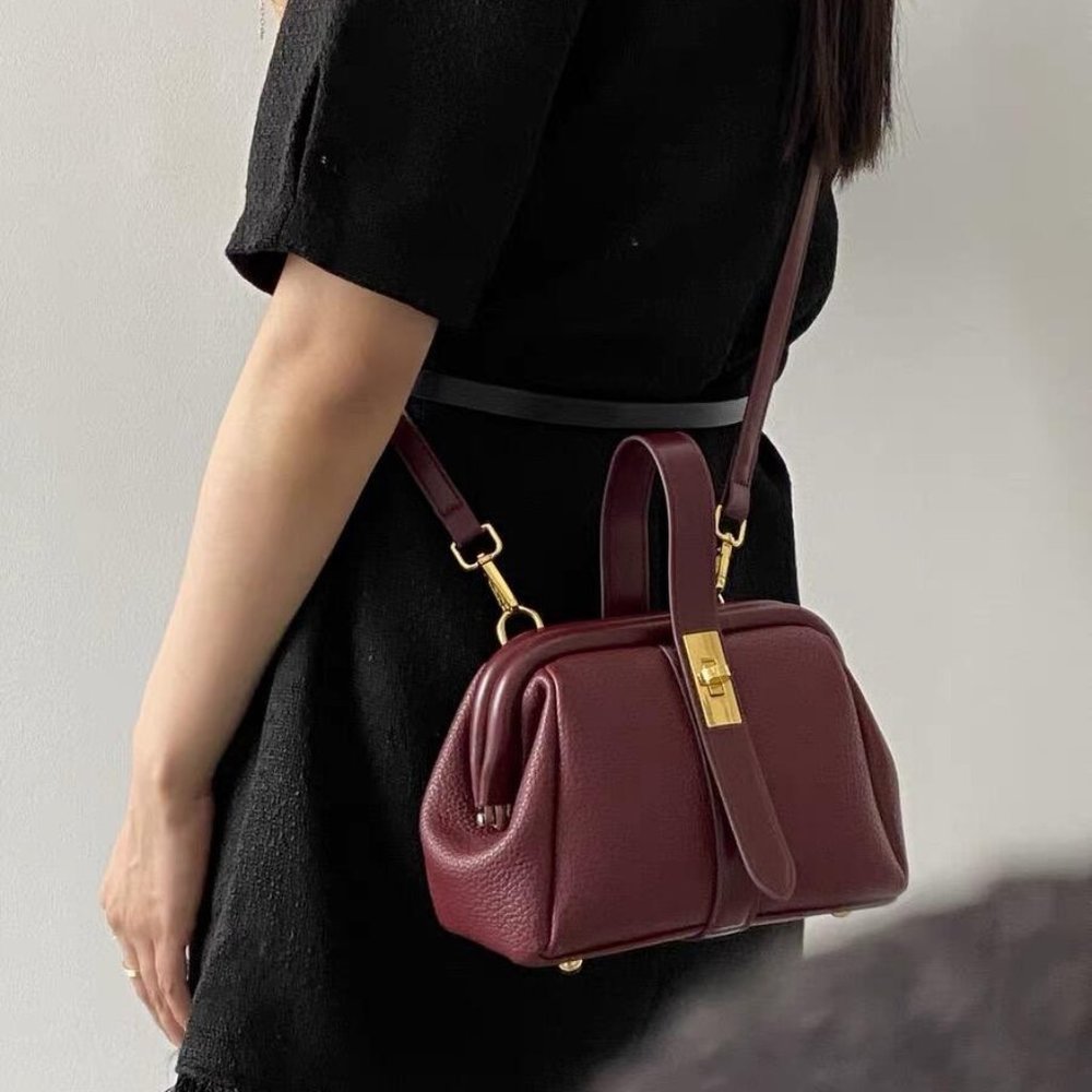 Unique top handle/crossbody vegan leather handbag - burgundy